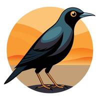 A cartoon bird standing on a rock in front of a sunset vector