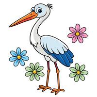 A cartoon stork with flowers on a white background vector