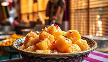 Golden Cubed Dessert in Ornate Bowl at Market photo