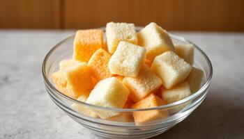 Assorted Orange And Yellow Sugar Cubes In Glass Bowl photo