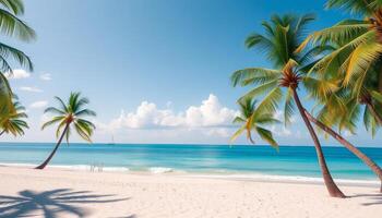 Tranquil Tropical Beach with Palm Trees and Clear Blue Sky in a Paradise Setting photo