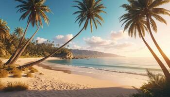 Tranquil Tropical Beach Sunset with Palm Trees photo