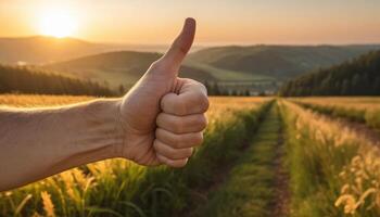 Thumbs Up In A Golden Wheat Field At Sunset photo