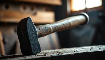 Antique Hammer On Wooden Workbench photo