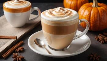 Autumn Spiced Latte In Glass Cup With Whipped Cream photo