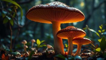 Three Glowing Mushrooms In Forest At Golden Hour photo