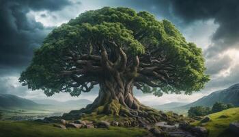 Ancient Mighty Tree in Dramatic Landscape photo