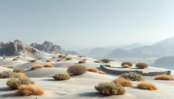 Arid Desert Landscape with Mountain Range and Stone Wall photo