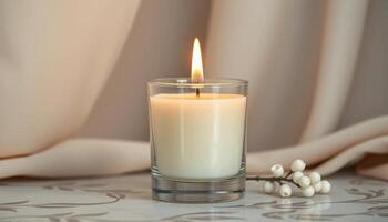 Lit Ivory Candle with White Berries on Beige Fabric photo