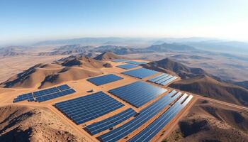 Aerial View Of Large Solar Panel Farm In Desert Landscape photo