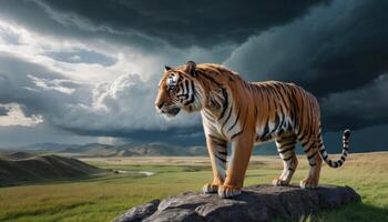 Large Cat Standing On Rock During Stormy Weather photo