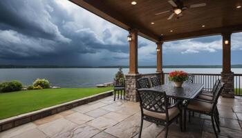 Lakefront Patio with Approaching Storm Clouds photo