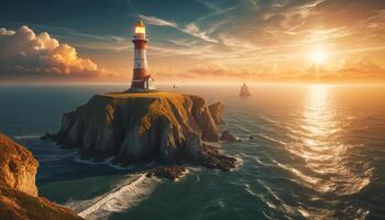 Lighthouse at Sunset on a Rocky Island photo