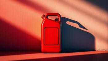 Red Plastic Canister in Warm Sunlight Against Textured Red Wall photo