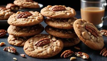 Stacked Pecan Cookies On Dark Surface With Coffee Cup photo