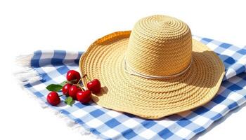 Straw Hat With Cherries On Checkered Picnic Blanket photo