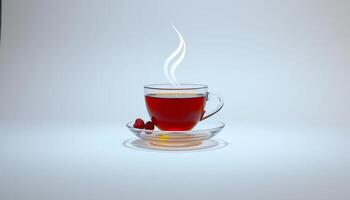 Steaming Cup of Red Tea with Raspberry on Light Blue Background photo