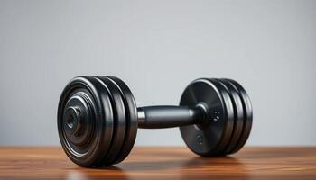 Black Metal Dumbbell on Wooden Table Against Neutral Background photo