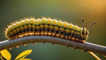 Striped Caterpillar On Branch In Sunlight photo