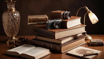 Stacked Antique Leather-Bound Books With Vintage Camera On Wooden Desk photo