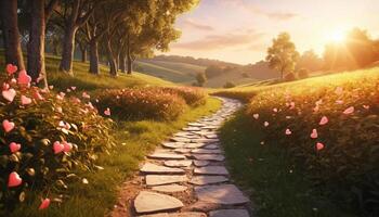 Stone Path Through Heart Shaped Flowers at Sunset photo