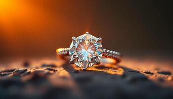 Brilliant Diamond Ring on Dark Textured Surface with Warm Sunset Lighting photo