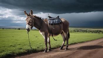 Brown Donkey with Pack Saddle on Dirt Road under Stormy Sky photo