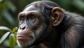 Closeup Portrait Of A Pensive Chimpanzee In Natural Habitat photo