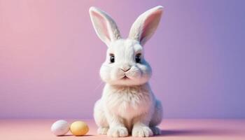 Cute Fluffy White Easter Bunny Sitting On Pink Background With Pastel Eggs photo
