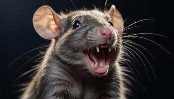 Closeup Portrait of a Grey Rat with Open Mouth Against Dark Background photo