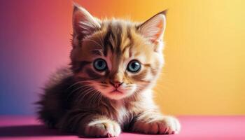 Cute Fluffy Kitten with Bright Blue Eyes Posing Against Vibrant Gradient Background photo