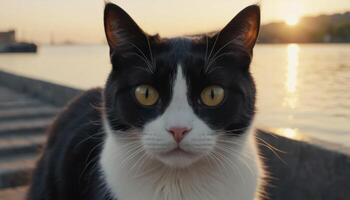 Closeup Portrait of a Tuxedo Cat at Sunset near the Water photo