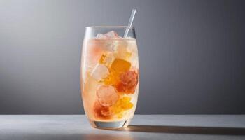 Colorful Beverage In Glass With Ice Cubes And Candies photo