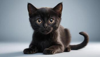 Charming Black Kitten with Striking Golden Eyes Against a Soft Blue Background photo