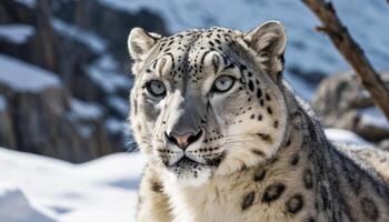 Closeup Portrait Of Snow Leopard In Snowy Mountains photo