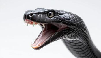 Close Up of a Black Snake with Open Mouth on White Background photo