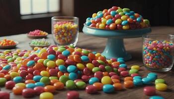 Colorful Candy Assortment on Wooden Table photo