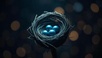 Dark Blue Eggs in Intricate Bird Nest Bokeh Background photo