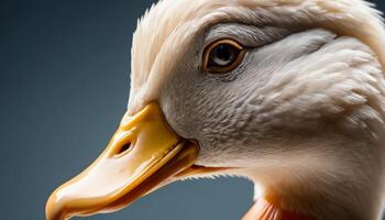 Close-Up of a Duck with Detailed Feathers and Vibrant Yellow Bill Against a Soft Dark Background photo