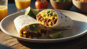 Delicious Beef Burrito Served On Plate photo