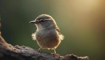Small Brown Bird Perched on a Branch Against a Soft Blurred Natural Background at Dusk photo