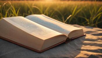 Open Book In Grassy Field At Sunset photo