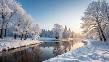 Snowy Winter Landscape With Trees And River photo