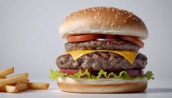 Double Cheeseburger with French Fries on White Background photo