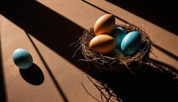 Colorful Easter Eggs In A Nest Under Sunlight photo