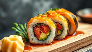 Close Up Sushi Rolls on Wooden Board with Ginger and Soy Sauce photo