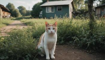 Orange And White Cat Sitting On Dirt Path Near Green Cottage photo