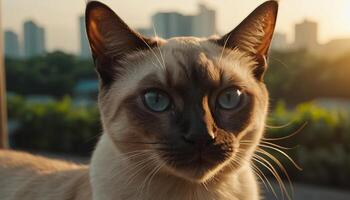 Siamese Cat Portrait in Golden Hour City Light photo