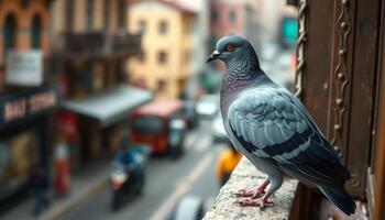 Grey Pigeon Perched on a Windowsill Overlooking a Busy City Street photo