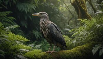 Wet Bird on Mossy Branch in Lush Green Forest photo